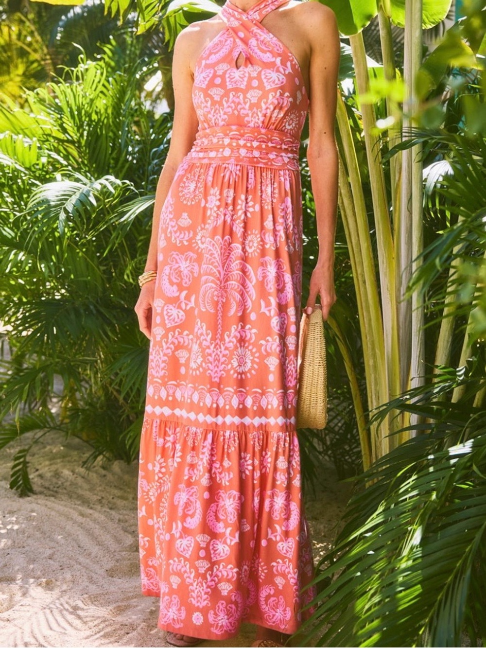 Lilly Pulitzer Montecito Halter Maxi Dress - Papaya Breezy Palm - size XL